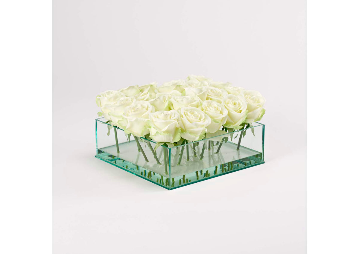 212193 White Roses in Square Aquarium Glass