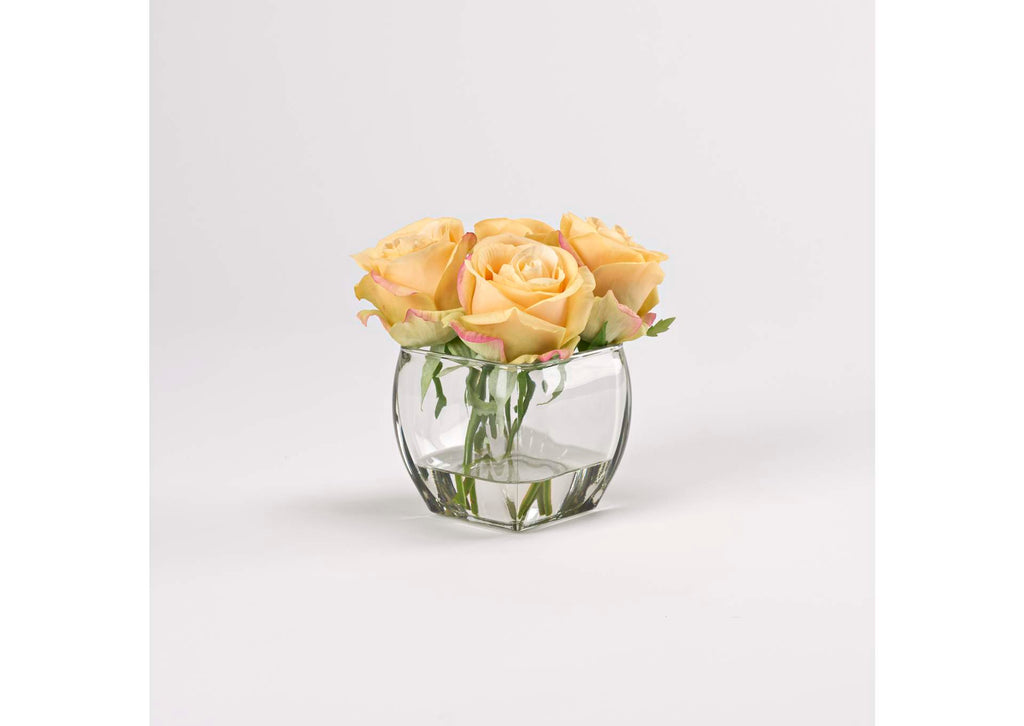 212199 Yellow Natural Touch Roses in Glass Cube