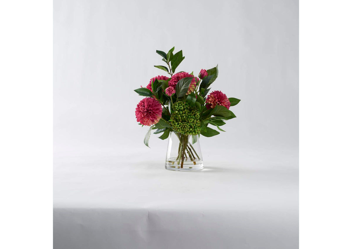 212231 Burgundy Dahlias With Cedum Bush in Tapered Glass Vase