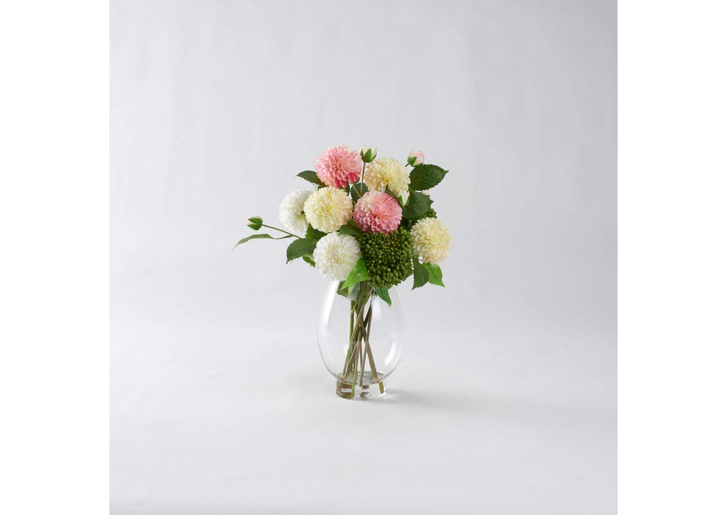 212232 Pink,Cream and White Dahlias With Cedum Bush in Glass Vase