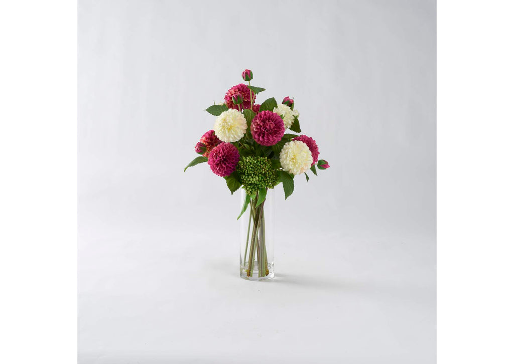 212233 Burgundy and Cream Dahlias With Cedum Bush in Glass Vase