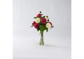 212233 Burgundy and Cream Dahlias With Cedum Bush in Glass Vase