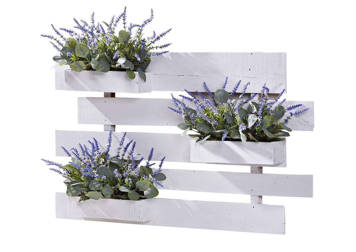 212268 Lavender and Eucalyptus in White Wooden Slat Wall Hanging