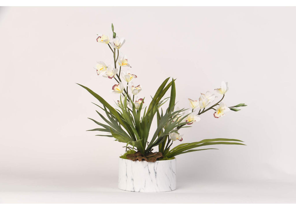 217015 White Orchids With Foliage in Round White Marbled Ceramic Planter