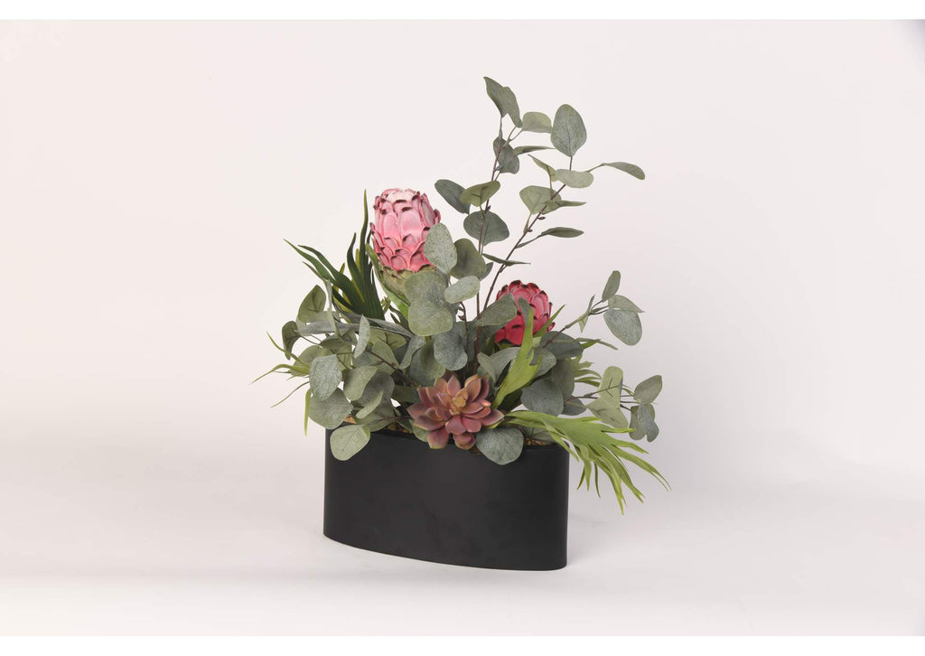 217023 Pink Proteas With Eucalyptus and Echeveria in Oval Metal Planter