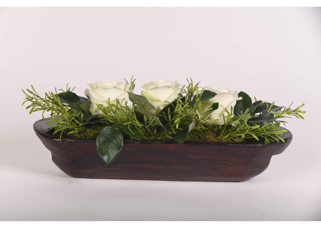 219041 Natural Touch White Roses in Wooden Dough Bowl