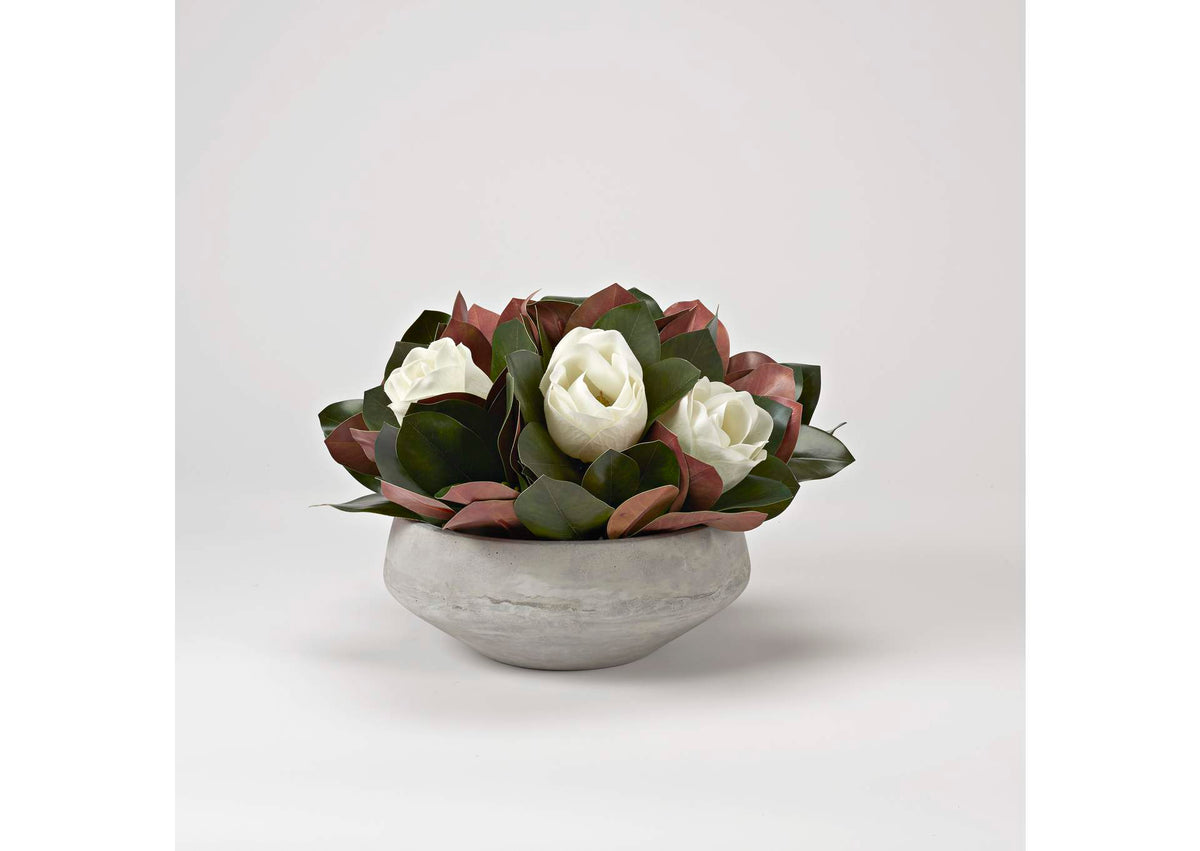 224007 Magnolia Blooms and Leaves in Concrete Bowl