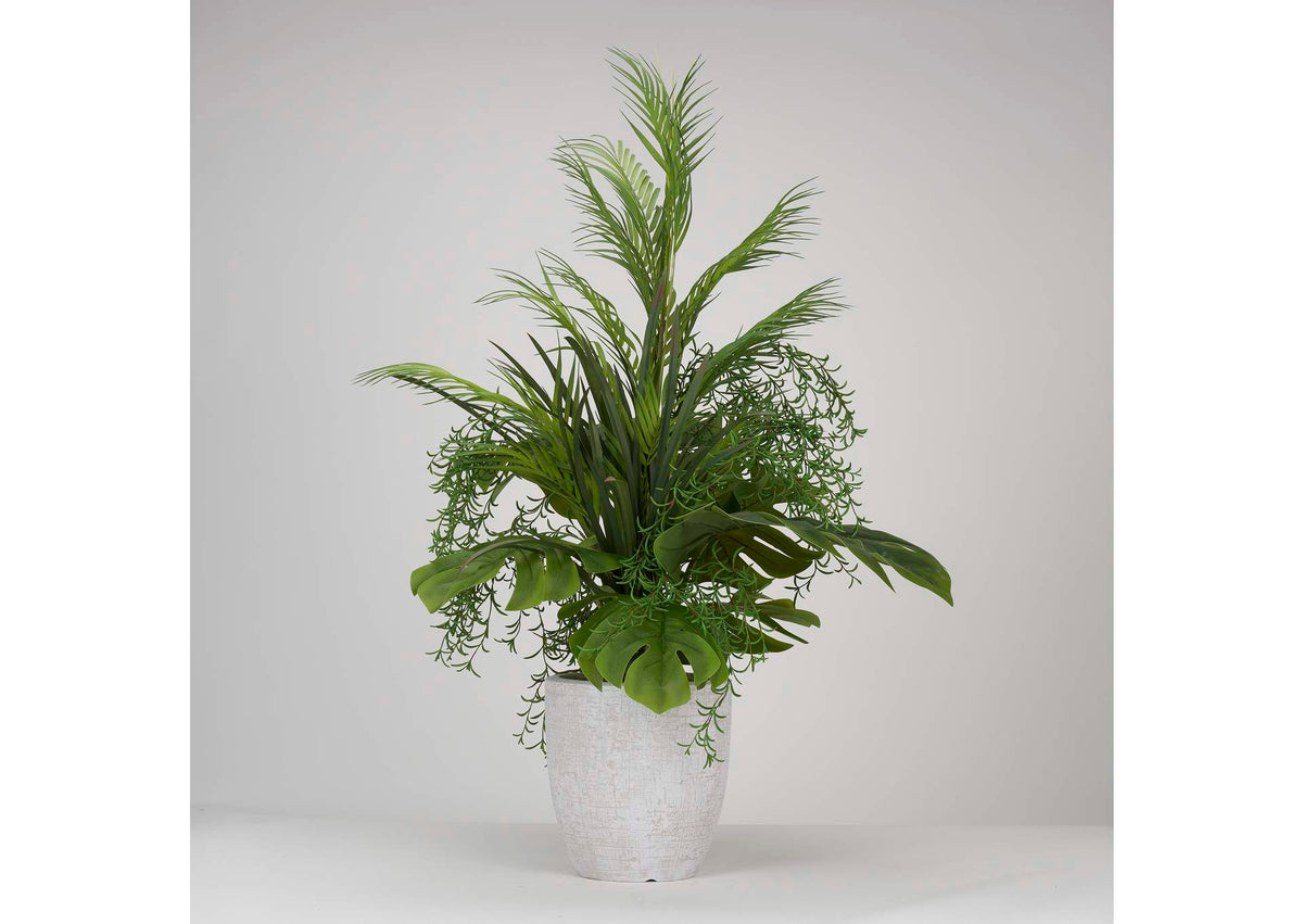 225049 Areca Palm and Philo Fronds With Areca Grass and Fern in Round White Resin Planter
