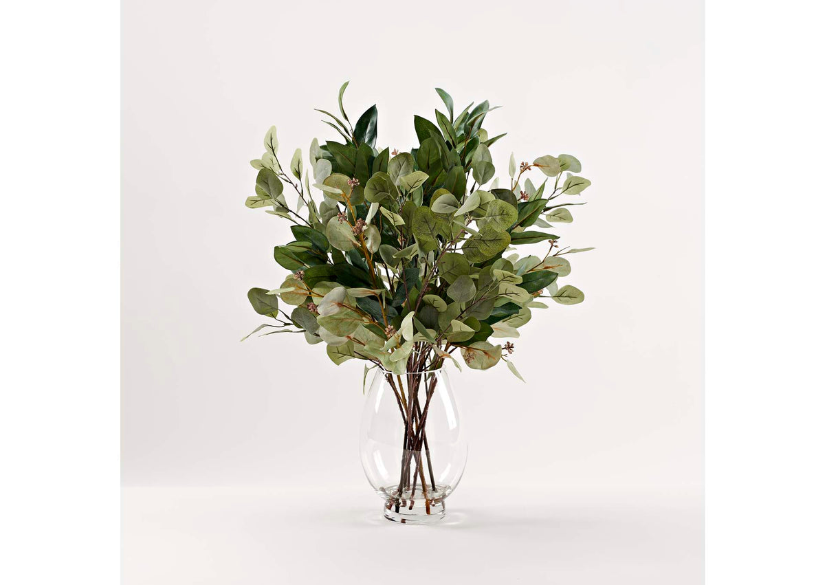229026 Assorted Eucalyptus Sprays in Glass Pedestal Vase