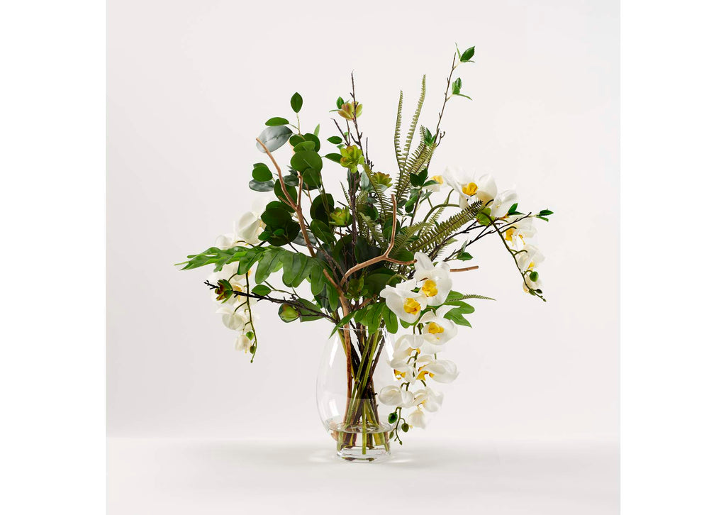 229039 Cream Phael Orchids With Assorted Greenery in Glass Pedestal Vase