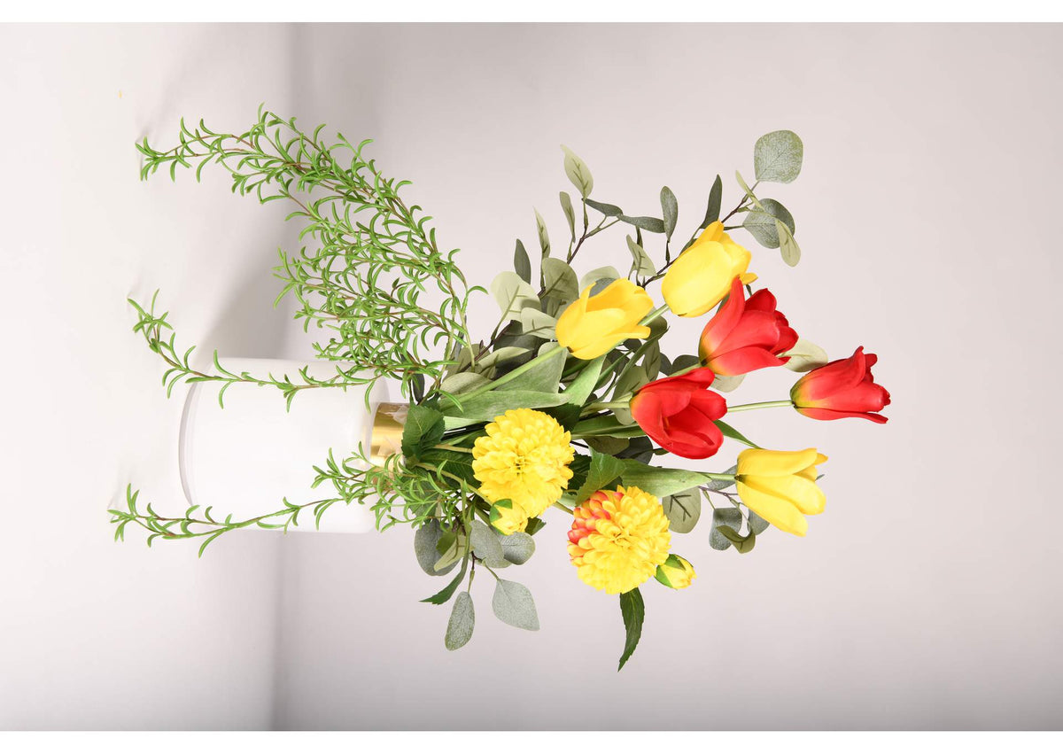 234001 Tulips,Dahlias,& Mixed Greenery in White Cylinder W - Gold Rim