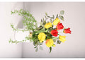 234001 Tulips,Dahlias,& Mixed Greenery in White Cylinder W - Gold Rim