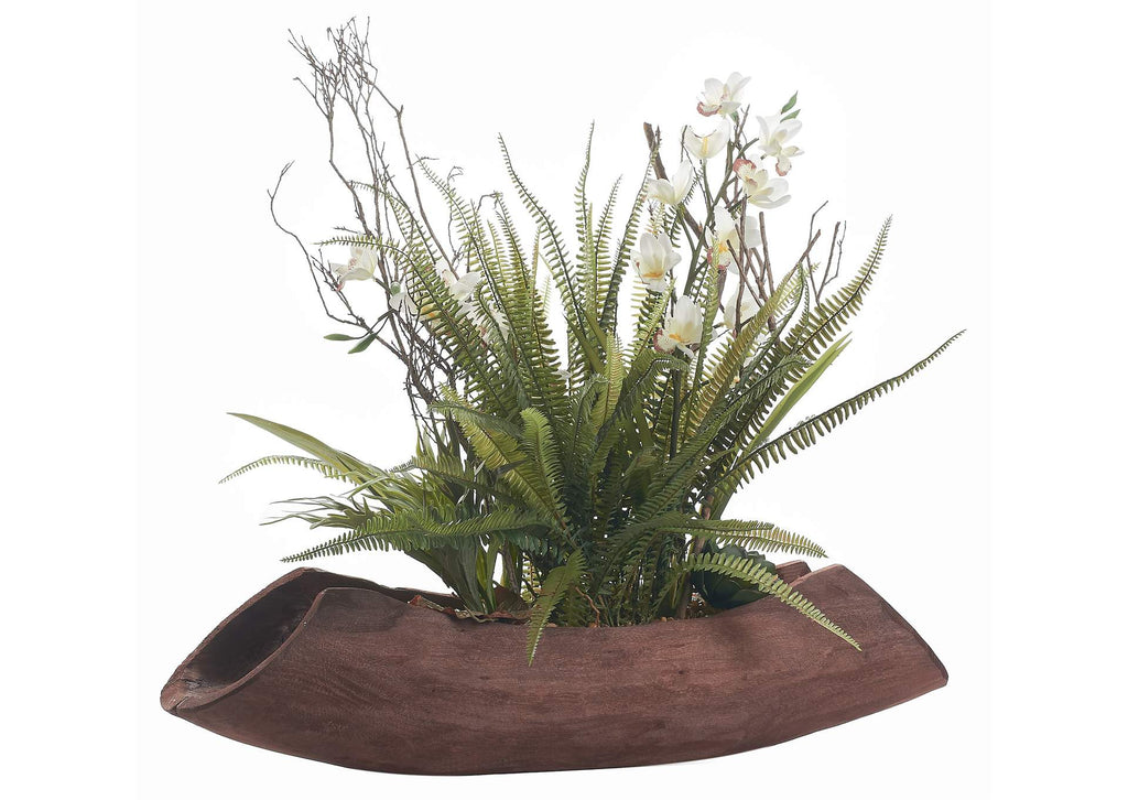 236021 Orchids,Staghorn,& Echeverias,In Dark Wooden Log