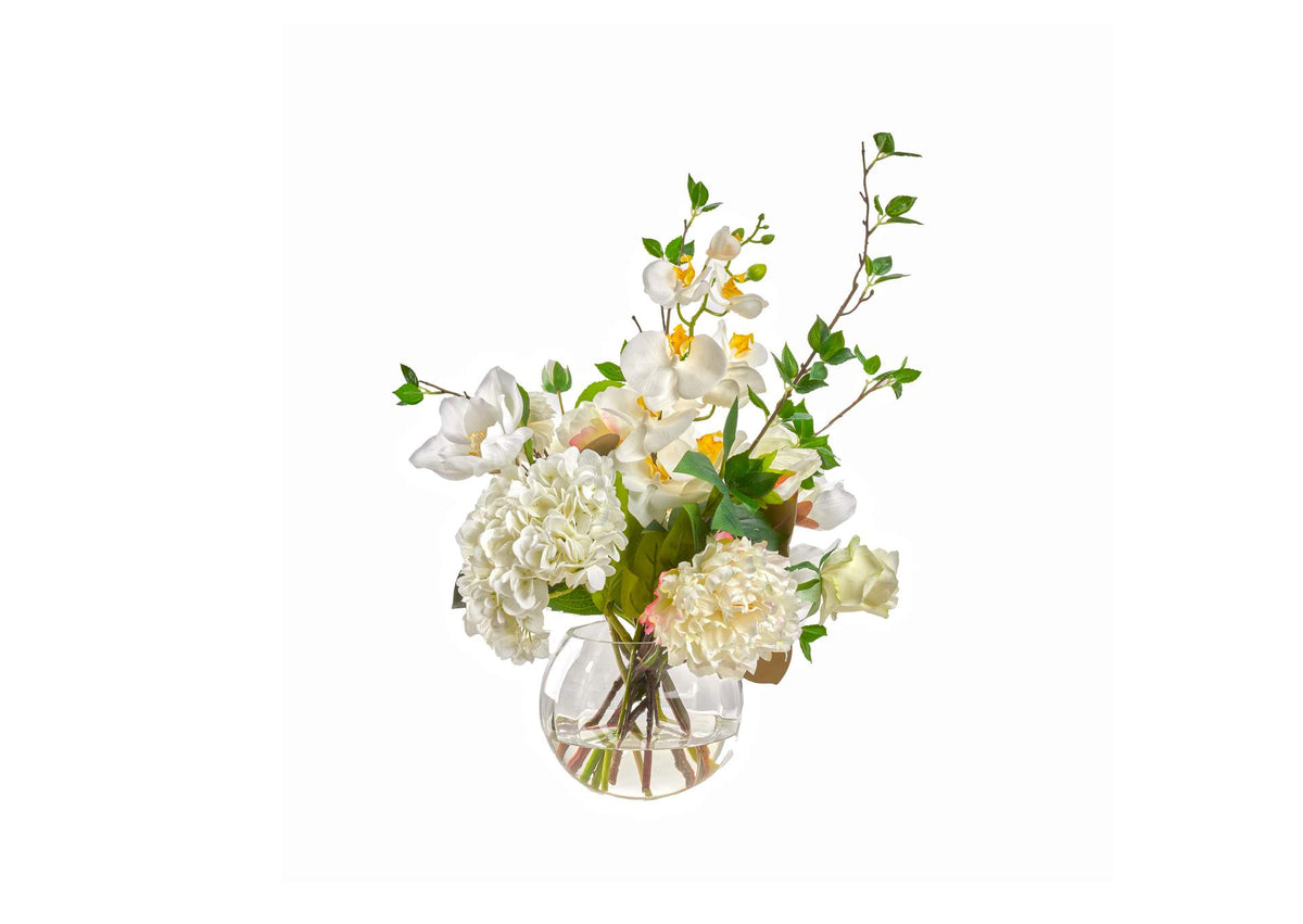 239010 Assorted White and Cream Flowers in Glass Ball