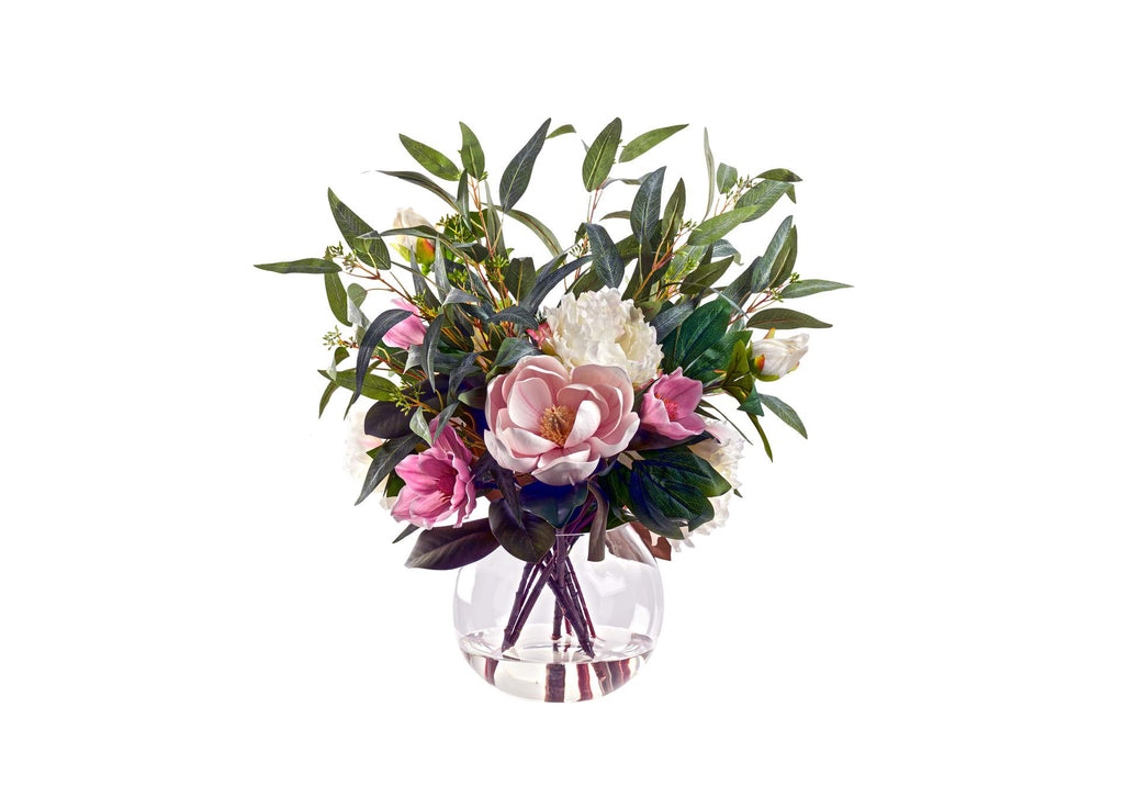 239012 Peonies,Magnolias,and Eucalyptus in Glass Bowl