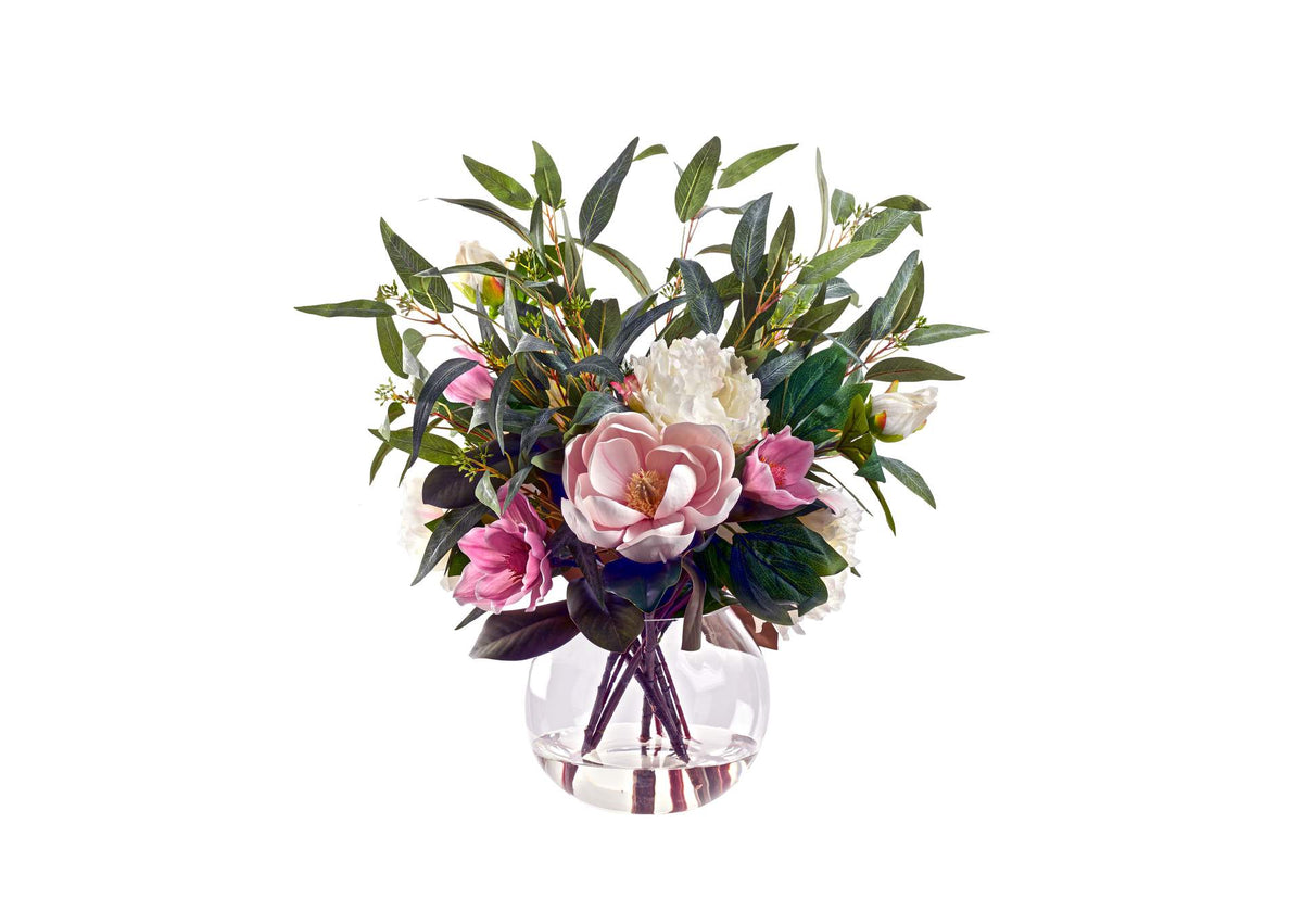 239012 Peonies,Magnolias,and Eucalyptus in Glass Bowl