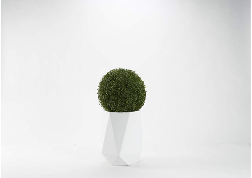 321240 28" Boxwood Ball in Small White Geometric Planter