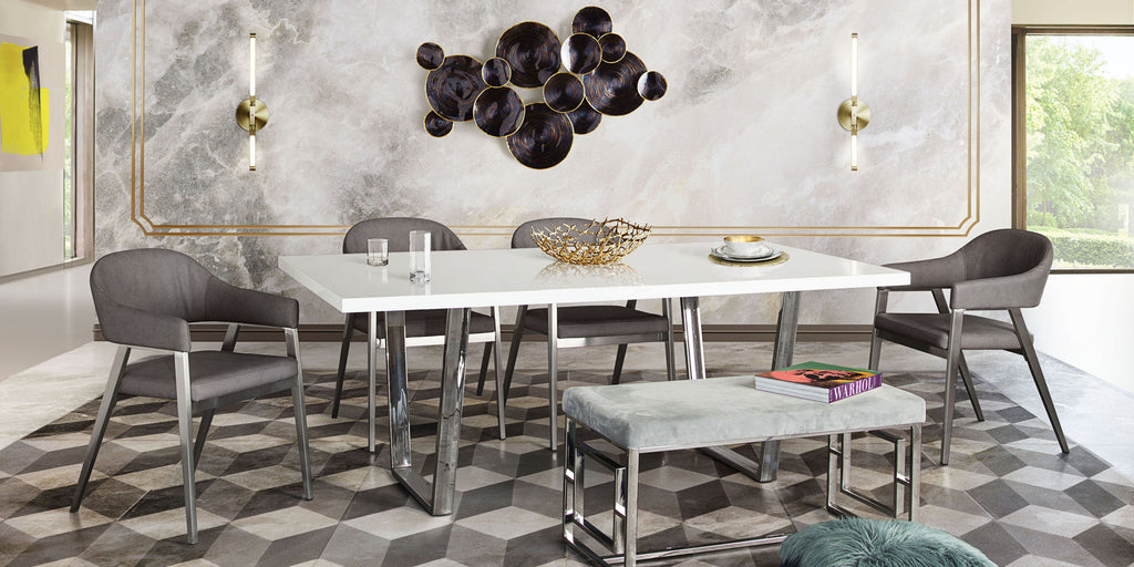 Adele Set of Two Dining/Accent Chairs in Grey Leatherette w/ Brushed Stainless Steel Leg by Diamond Sofa - styled in a staged room by Center Stage Home Design