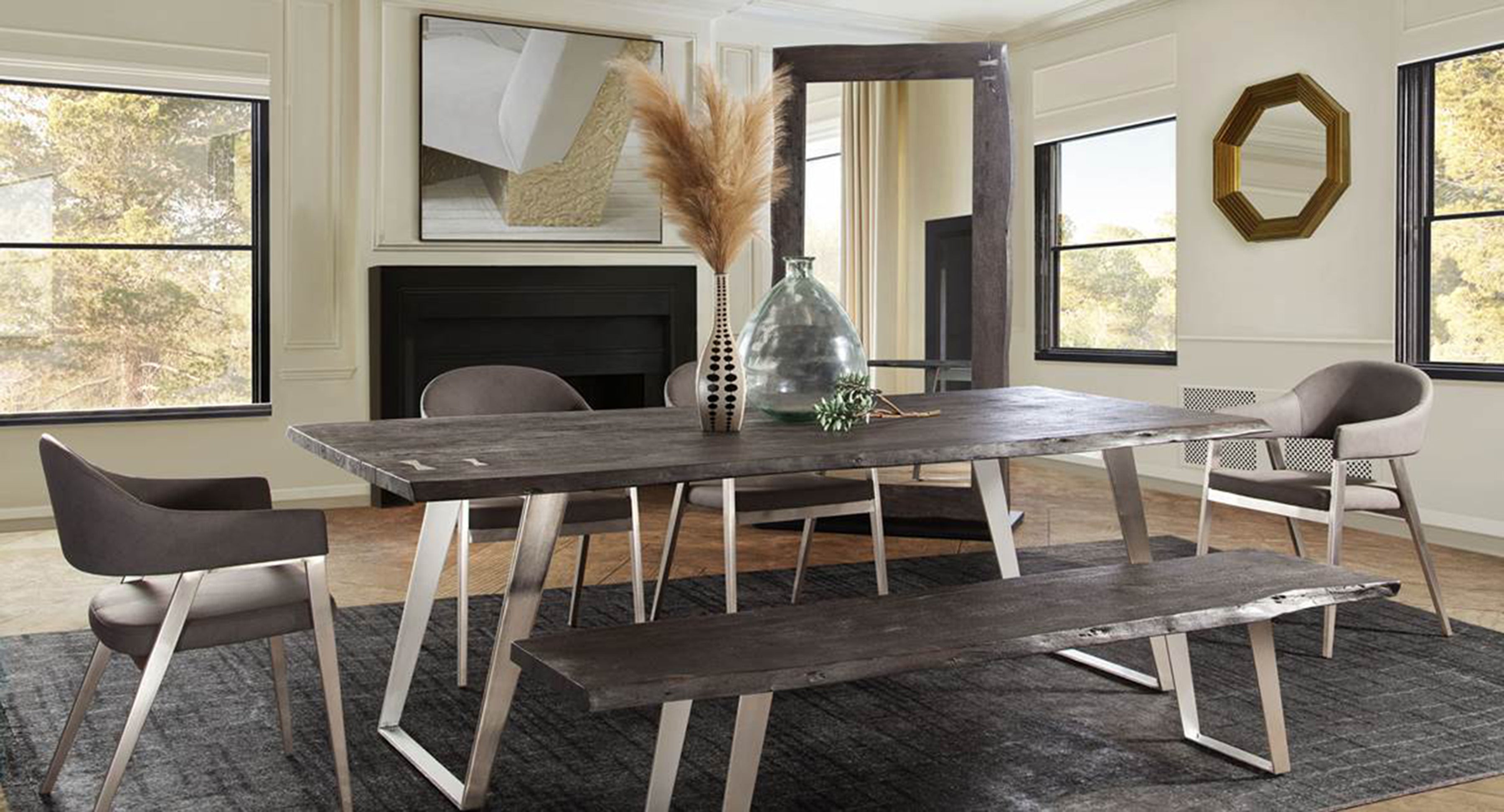 Adele Set of Two Dining/Accent Chairs in Grey Leatherette w/ Brushed Stainless Steel Leg by Diamond Sofa - styled in a staged room by Center Stage Home Design