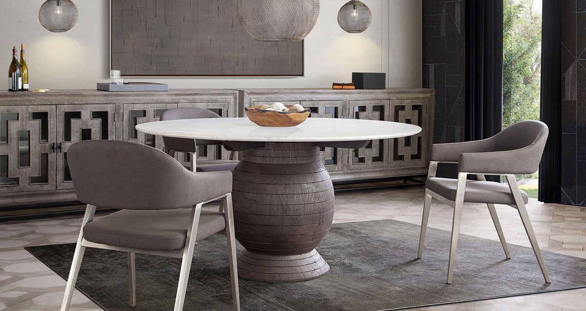Adele Set of Two Dining/Accent Chairs in Grey Leatherette w/ Brushed Stainless Steel Leg by Diamond Sofa - styled in a staged room by Center Stage Home Design