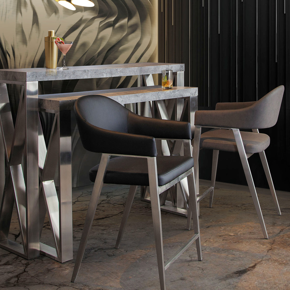 Adele Set of Two Counter Height Chairs in Grey Leatherette w/ Brushed Stainless Steel Leg by Diamond Sofa - styled in a staged room by Center Stage Home Design