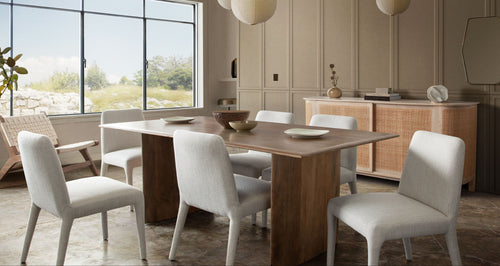 Alba Set of Two Dining/Accent Chairs in Oat Polyester Fabric w/ Wrapped Leg by Diamond Sofa - styled in a staged room by Center Stage Home Design