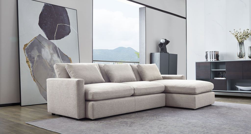 Arcadia 2PC Reversible Chaise Sectional w/ Feather Down Seating in Cream Fabric by Diamond Sofa - styled in a staged room by Center Stage Home Design