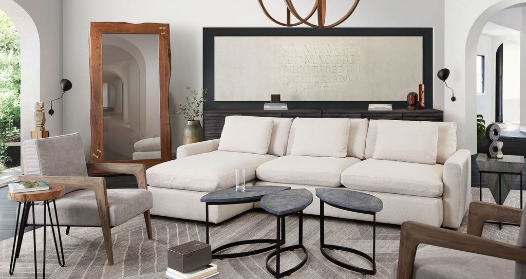 Arcadia 2PC Reversible Chaise Sectional w/ Feather Down Seating in Cream Fabric by Diamond Sofa - styled in a staged room by Center Stage Home Design