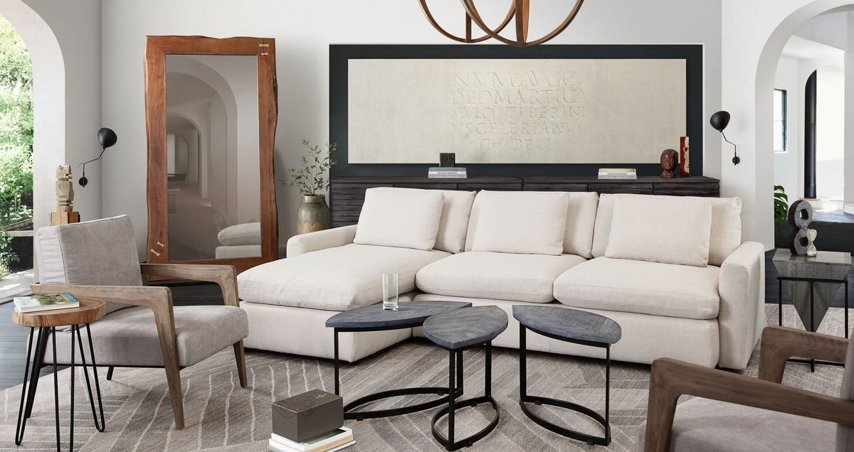 Arcadia 2PC Reversible Chaise Sectional w/ Feather Down Seating in Cream Fabric by Diamond Sofa - styled in a staged room by Center Stage Home Design