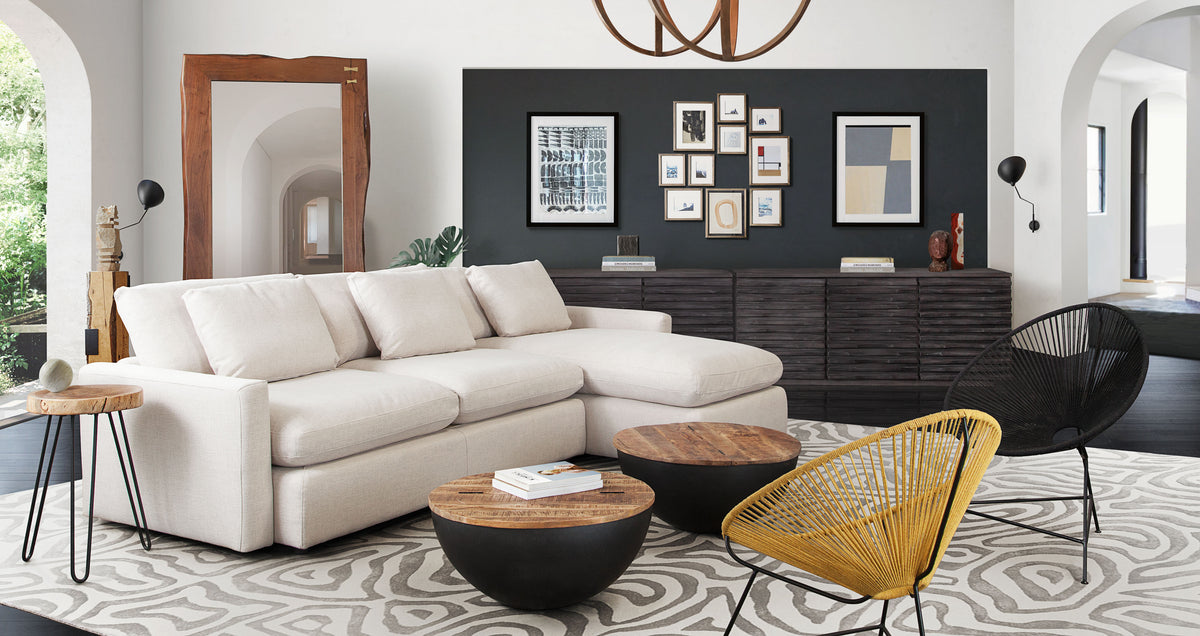 Arcadia 2PC Reversible Chaise Sectional w/ Feather Down Seating in Cream Fabric by Diamond Sofa - styled in a staged room by Center Stage Home Design