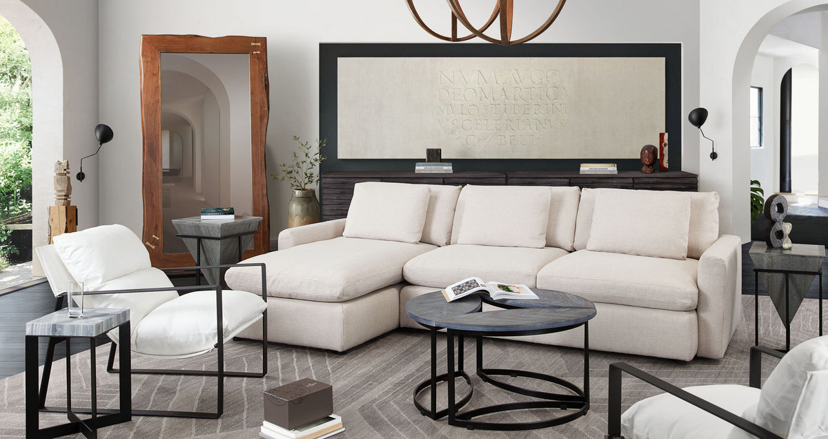 Arcadia 2PC Reversible Chaise Sectional w/ Feather Down Seating in Cream Fabric by Diamond Sofa - styled in a staged room by Center Stage Home Design