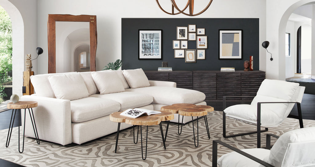 Arcadia 2PC Reversible Chaise Sectional w/ Feather Down Seating in Cream Fabric by Diamond Sofa - styled in a staged room by Center Stage Home Design