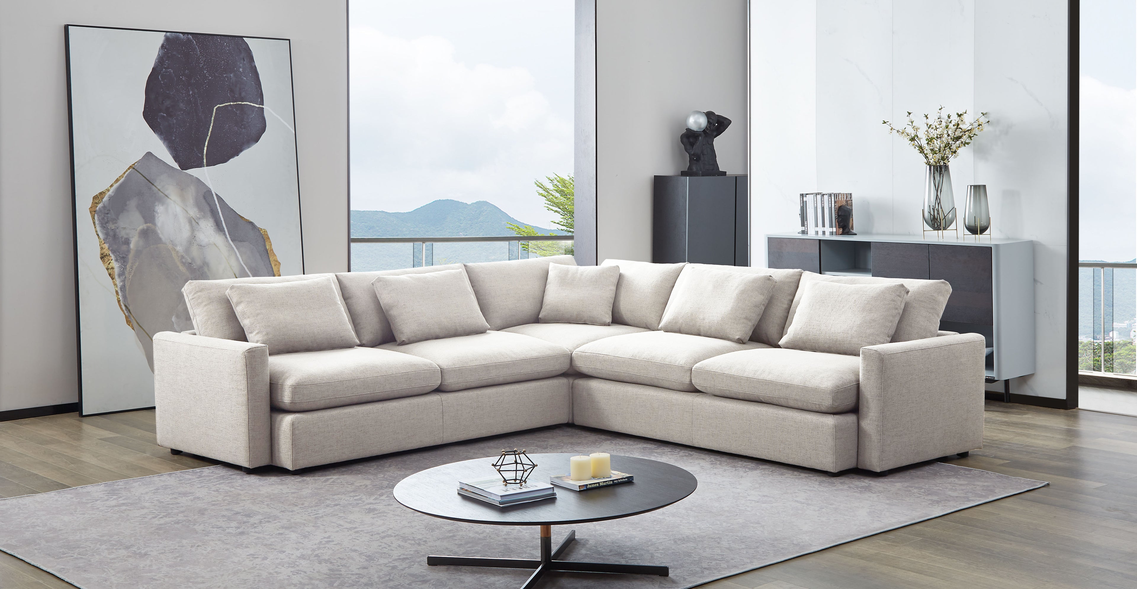 Arcadia 3PC Corner Sectional w/ Feather Down Seating in Cream Fabric by Diamond Sofa - styled in a staged room by Center Stage Home Design