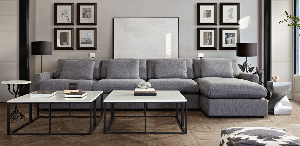 Arcadia 2PC Reversible Chaise Sectional w/ Feather Down Seating in Grey Fabric by Diamond Sofa - styled in a staged room by Center Stage Home Design