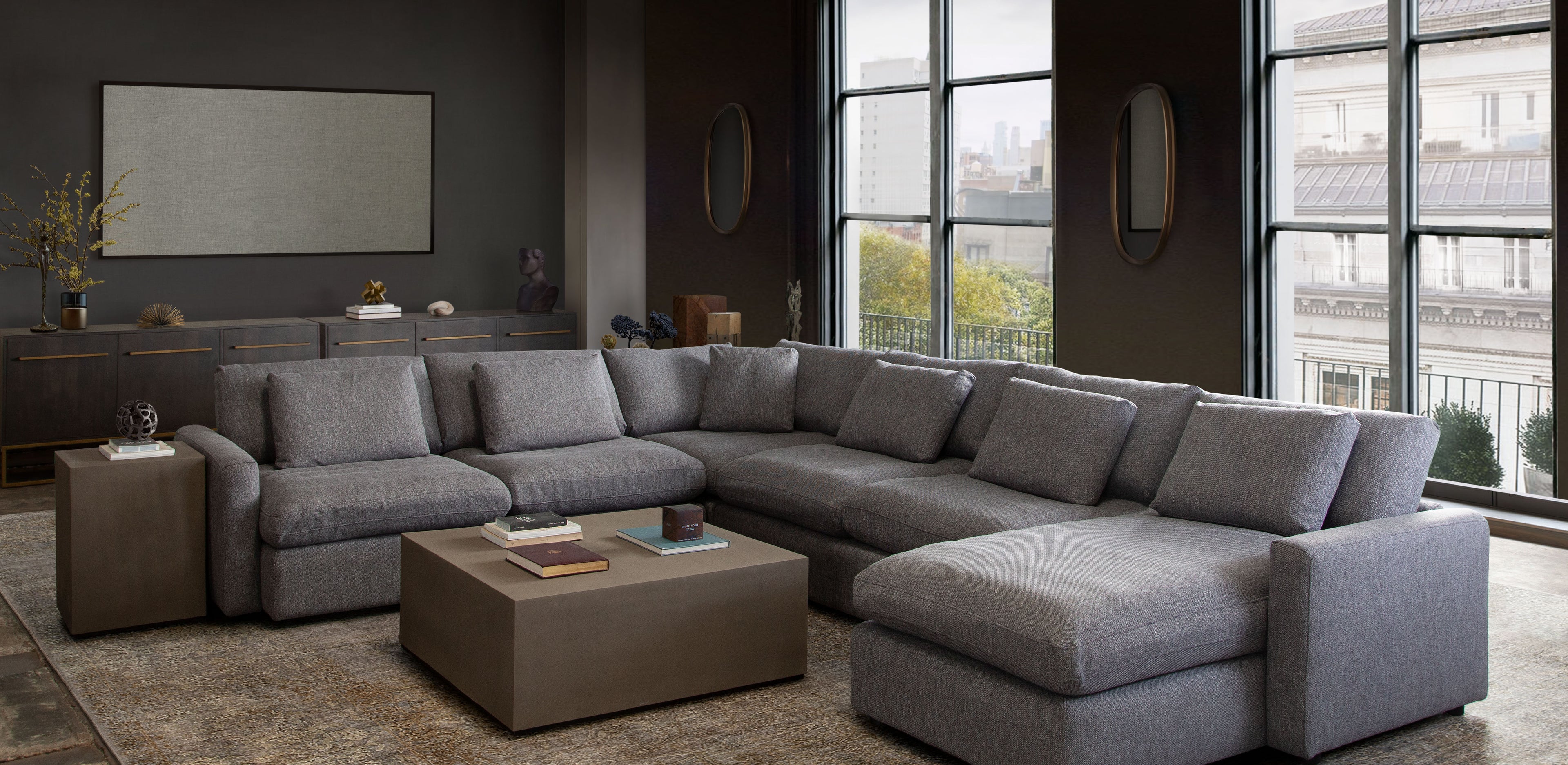 Arcadia 3PC Corner Sectional w/ Feather Down Seating in Grey Fabric by Diamond Sofa - styled in a staged room by Center Stage Home Design