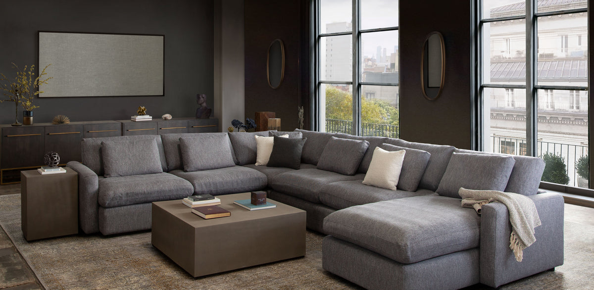 Arcadia 3PC Corner Sectional w/ Feather Down Seating in Grey Fabric by Diamond Sofa - styled in a staged room by Center Stage Home Design