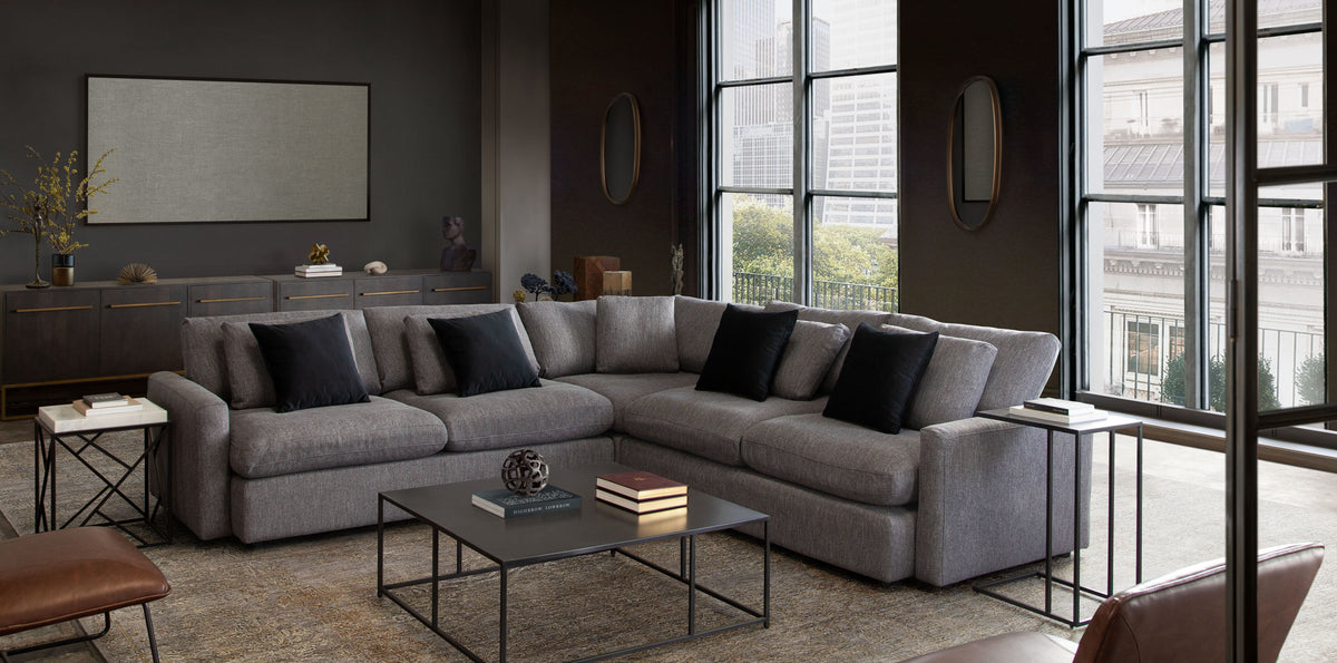 Arcadia 3PC Corner Sectional w/ Feather Down Seating in Grey Fabric by Diamond Sofa - styled in a staged room by Center Stage Home Design