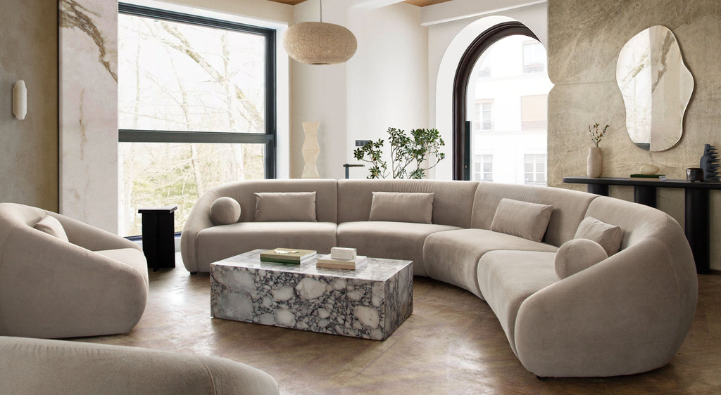 Ark Rectangle Cocktail Table in Genuine Viola Marble by Diamond Sofa - styled in a staged room by Center Stage Home Design