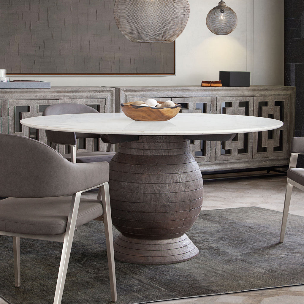 Ashe Round Dining Table w/ Genuine White Marble Top and Solid Acacia Wood Base in Espresso Finish by Diamond Sofa - styled in a staged room by Center Stage Home Design