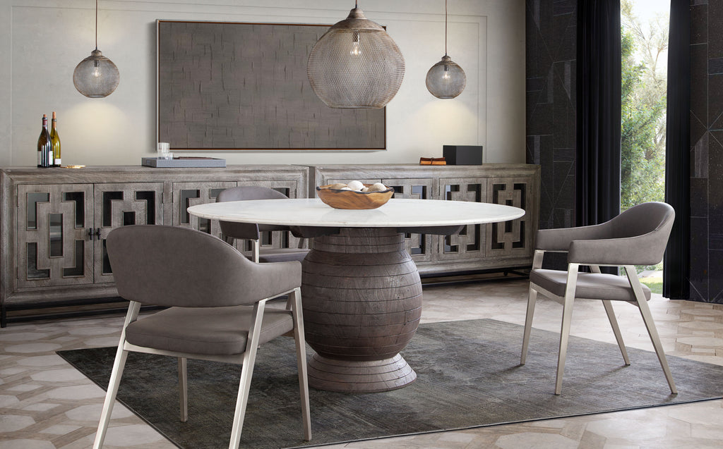 Ashe Round Dining Table w/ Genuine White Marble Top and Solid Acacia Wood Base in Espresso Finish by Diamond Sofa - styled in a staged room by Center Stage Home Design
