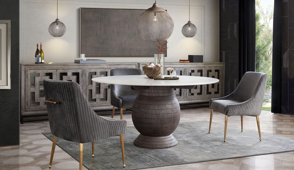 Ashe Round Dining Table w/ Genuine White Marble Top and Solid Acacia Wood Base in Espresso Finish by Diamond Sofa - styled in a staged room by Center Stage Home Design