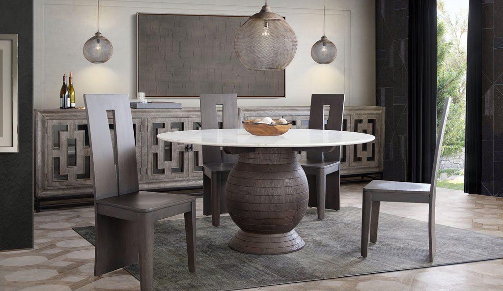 Ashe Round Dining Table w/ Genuine White Marble Top and Solid Acacia Wood Base in Espresso Finish by Diamond Sofa - styled in a staged room by Center Stage Home Design