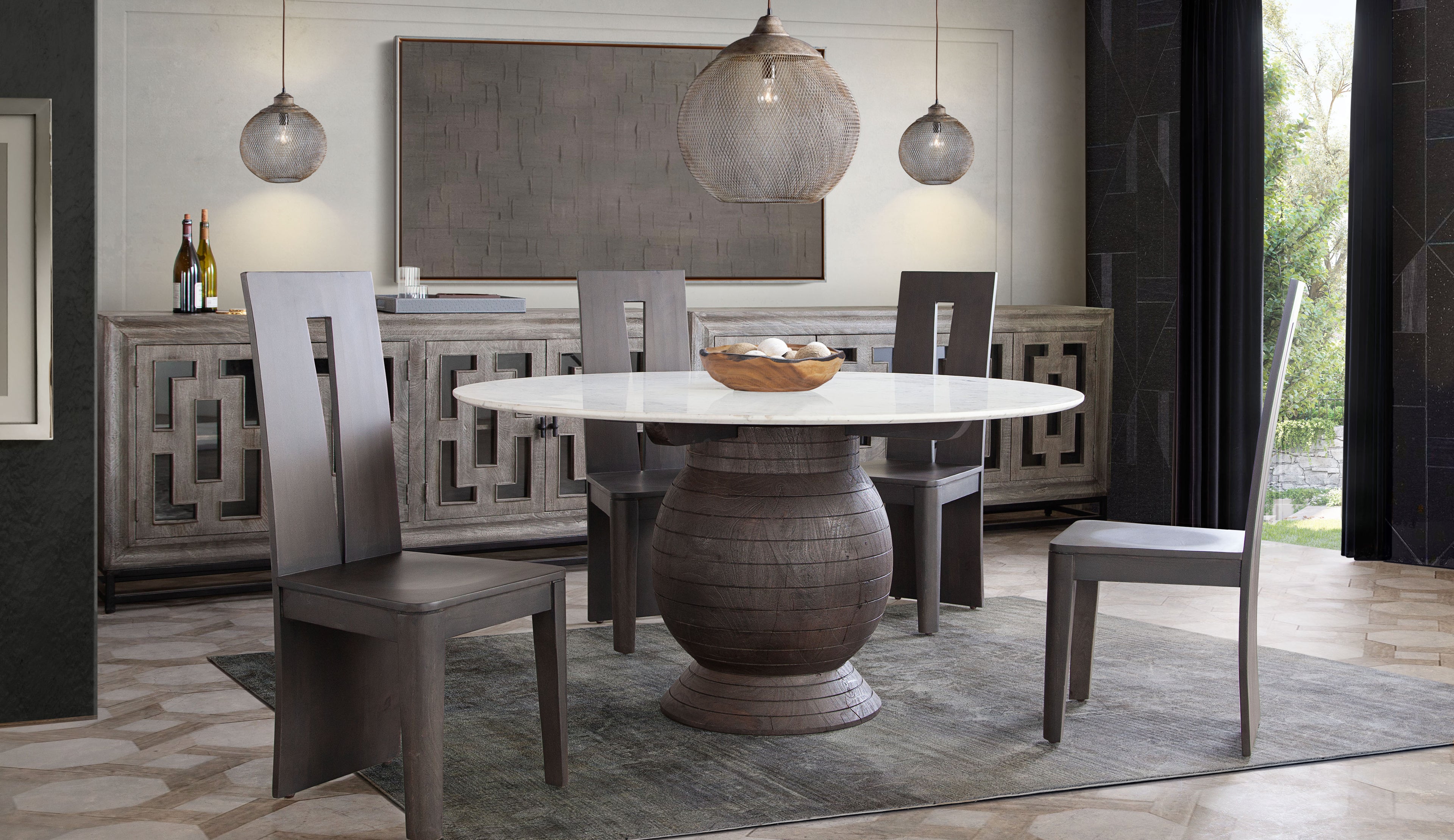Ashe Round Dining Table w/ Genuine White Marble Top and Solid Acacia Wood Base in Espresso Finish by Diamond Sofa - styled in a staged room by Center Stage Home Design