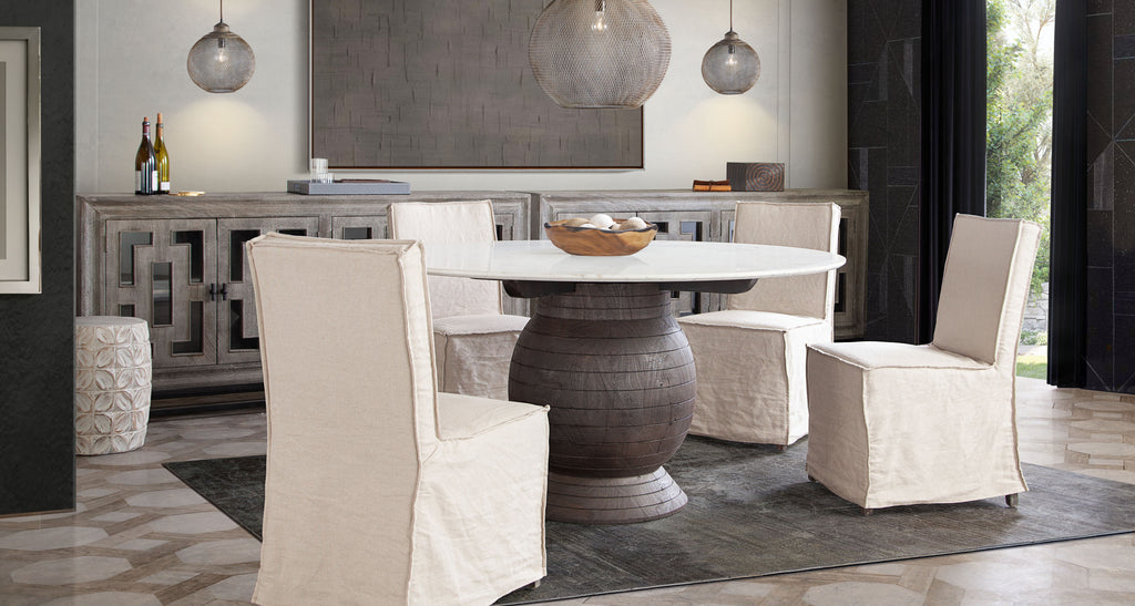 Ashe Round Dining Table w/ Genuine White Marble Top and Solid Acacia Wood Base in Espresso Finish by Diamond Sofa - styled in a staged room by Center Stage Home Design