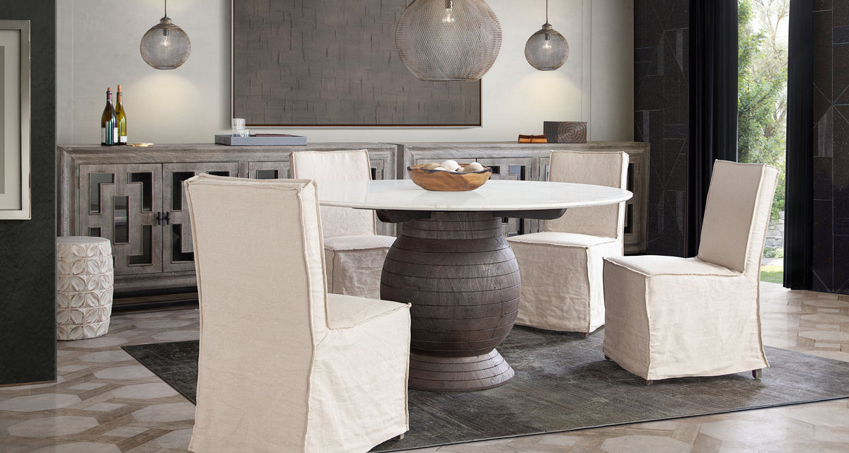 Ashe Round Dining Table w/ Genuine White Marble Top and Solid Acacia Wood Base in Espresso Finish by Diamond Sofa - styled in a staged room by Center Stage Home Design