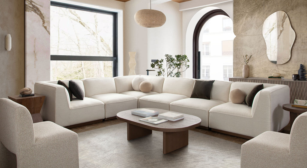 Aspen 4PC Modular Reverisble Chaise Sectional in Cream Polyester Fabric with Wood Trim by Diamond Sofa - styled in a staged room by Center Stage Home Design