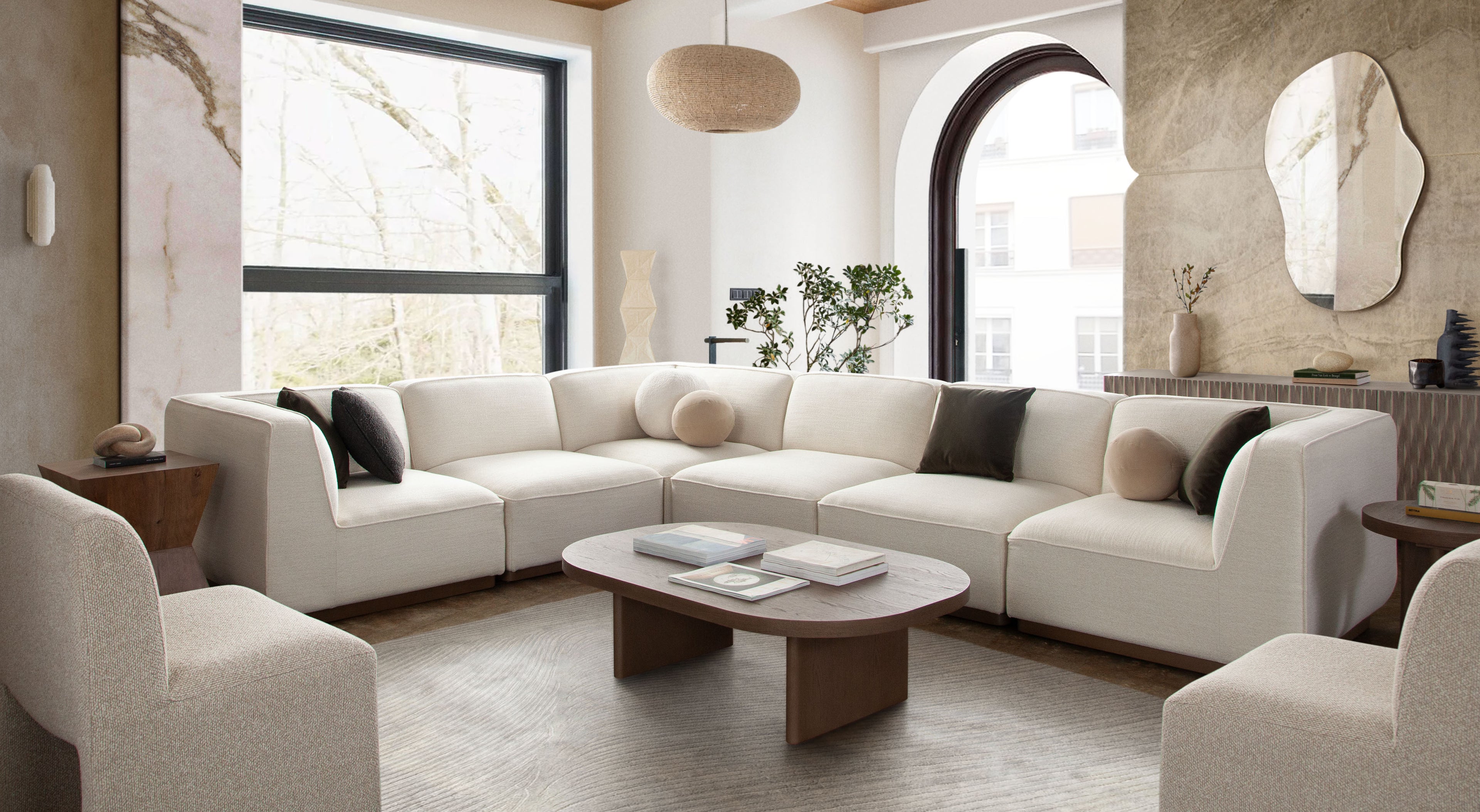 Aspen 4PC Modular Reverisble Chaise Sectional in Cream Polyester Fabric with Wood Trim by Diamond Sofa - styled in a staged room by Center Stage Home Design