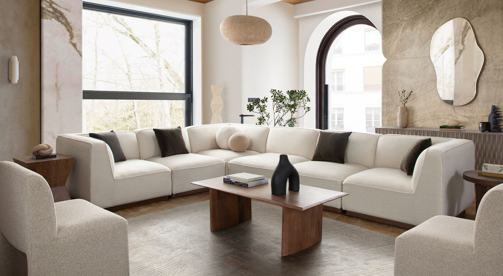 Aspen 4PC Modular Reverisble Chaise Sectional in Cream Polyester Fabric with Wood Trim by Diamond Sofa - styled in a staged room by Center Stage Home Design