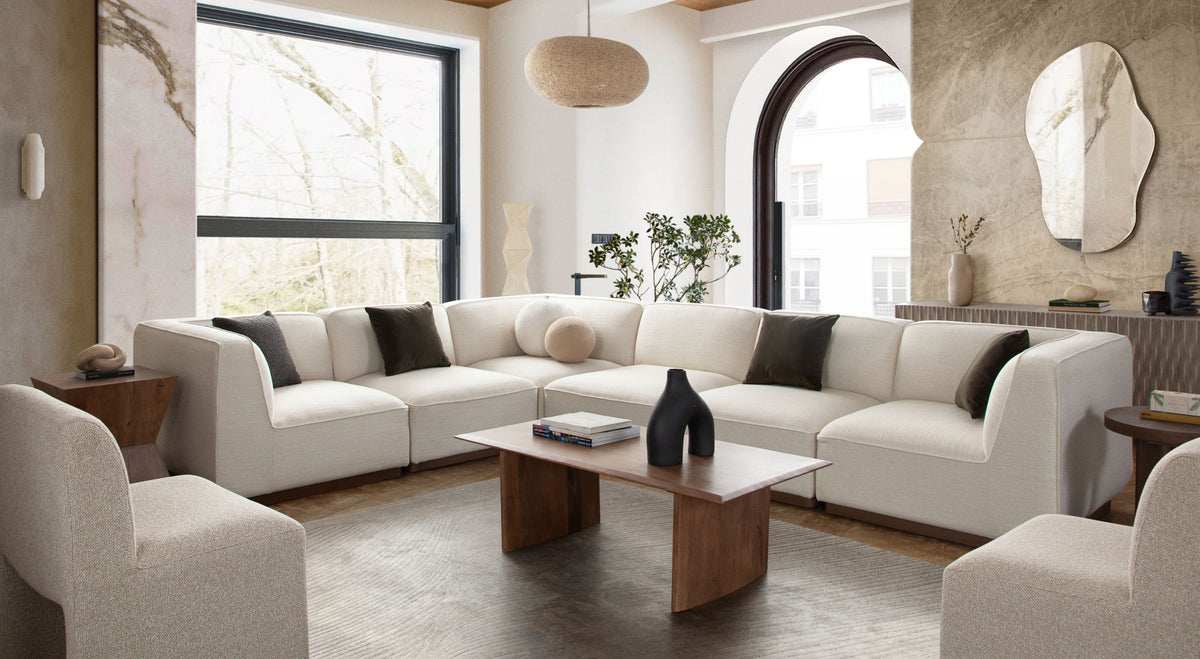 Aspen 4PC Modular Reverisble Chaise Sectional in Cream Polyester Fabric with Wood Trim by Diamond Sofa - styled in a staged room by Center Stage Home Design