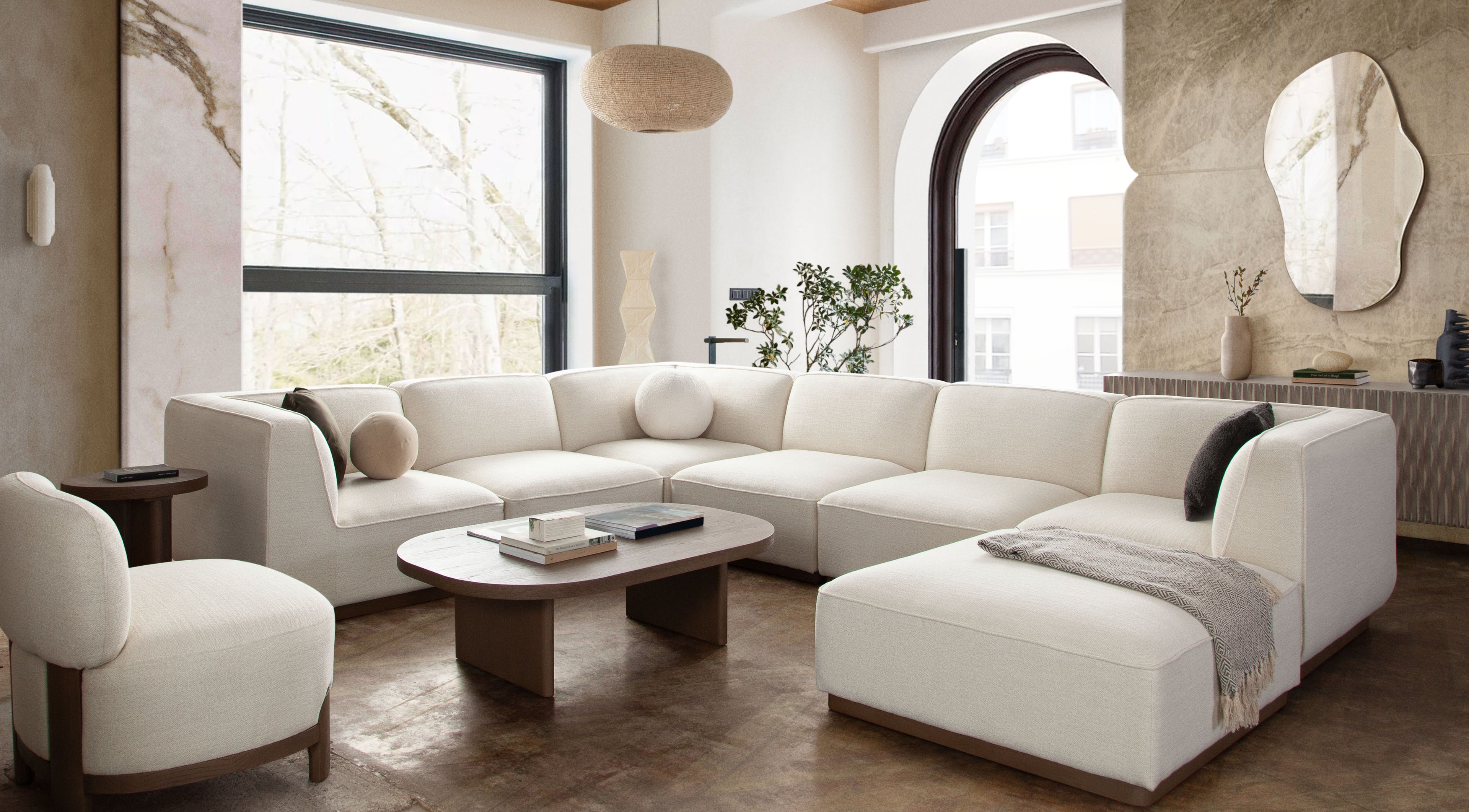 Aspen Armless Chair in Cream Polyester Fabric with Wood Trim by Diamond Sofa - styled in a staged room by Center Stage Home Design